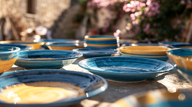 Handmade Glazed Ceramic Plates and Bowls Displayed Outdoors