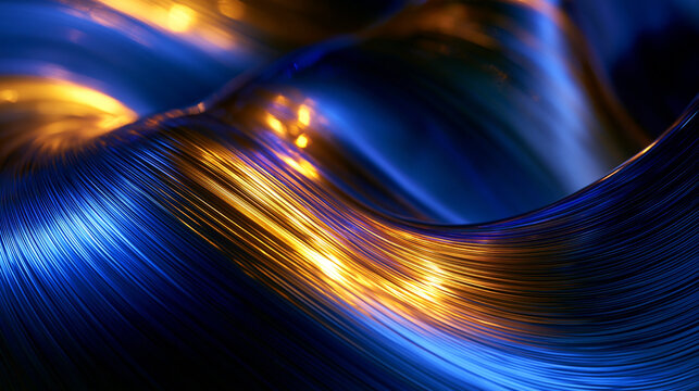Abstract Glowing Blue and Gold Metallic Wave Background
