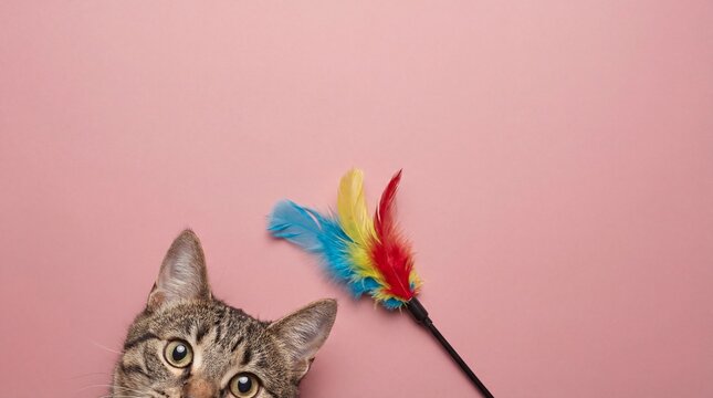 tabby cat peeking from corner looking at colorful feather toy against pink background. pet care, animal play, feline curiosity concept. copyspace, banner, website header.