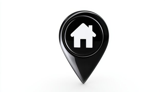 Black glossy map pin icon with white home house symbol isolated on white background
