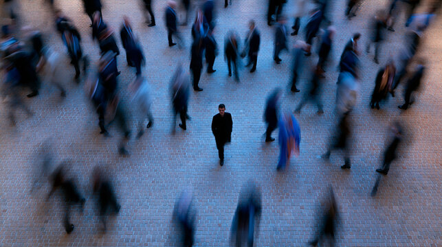 Man Standing Still in Motion Blurred Crowd of Commuters