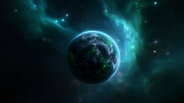 Alien Planet Glowing in Deep Space Surrounded by Nebula