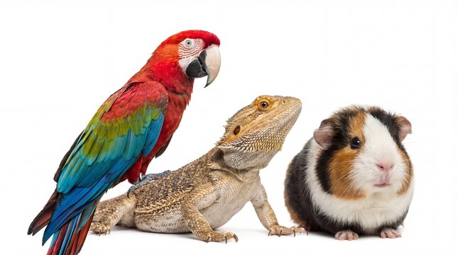 diverse group of pets including colorful macaw parrot, bearded dragon lizard and cute guinea pig isolated on white background. exotic animal veterinary care. banner, website header, copyspace.