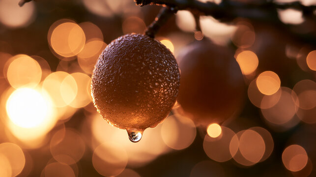 Fresh Fruit Covered in Dew Drops at Golden Hour