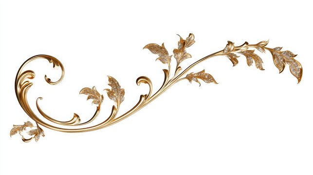 Golden floral ornament with glitter texture isolated on white background