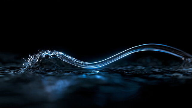 Glowing Blue Water Stream and Wave Splash on Dark Background
