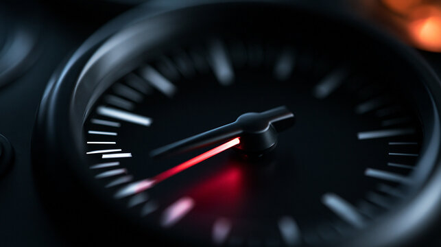 Analog Gauge Dial with Illuminated Red Needle Close Up