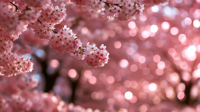 Pink Cherry Blossom Branch Blooming in Spring with Bokeh Background