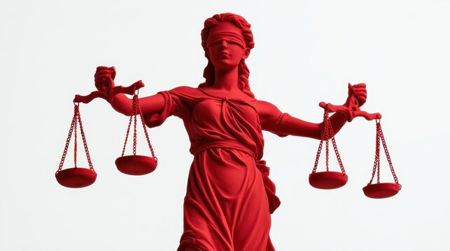 Red statue of lady justice holding two sets of scales isolated on white background