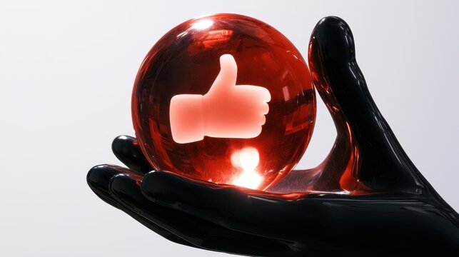 A glossy black hand holding a glowing red crystal sphere with a thumbs up icon inside, isolated on white background