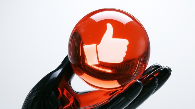 A glossy black hand holding a glowing red crystal sphere with a thumbs up icon inside, isolated on white background