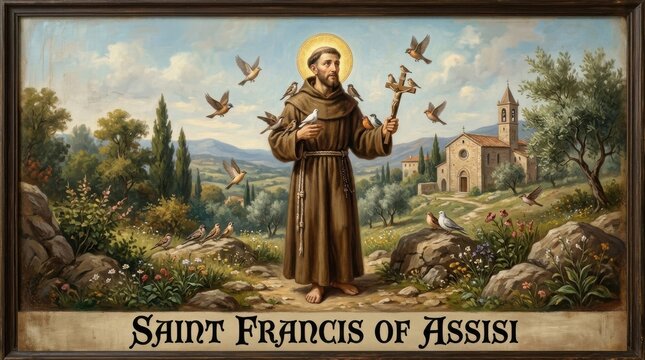 A painted depiction of saint francis of assisi surrounded by birds in a scenic landscape with a church saintfrancisofassisi franciscan religiousfigure painting