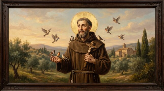 A painted portrait depicts saint francis of assisi surrounded by birds in a scenic landscape setting religious figure friar monk avian songbird