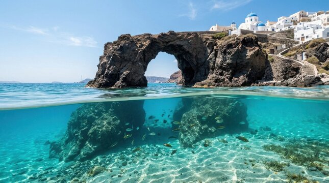 A coastal rock archway overlooks turquoise waters and a traditional greek village under a clear blue sky formation seascape santorini greece mediterranean