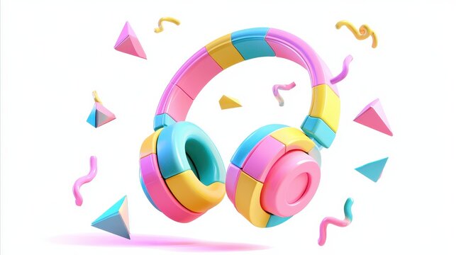 3d render of colorful pastel headphones with abstract geometric shapes isolated on white background