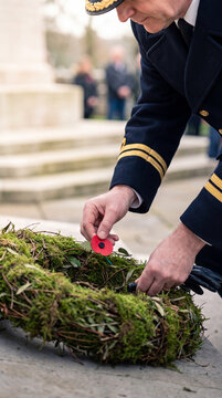 A solemn moment as a person in uniform places a red poppy onto a green wreath at a monument.