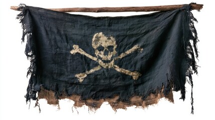 Naklejka premium Old weathered pirate flag with skull and crossbones hanging from a wooden branch isolated on white background