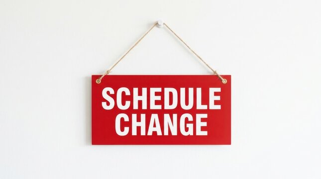 A red rectangular sign with white lettering announcing a schedule change hangs against a plain white wall notice announcement redsign whitesign wallmounted