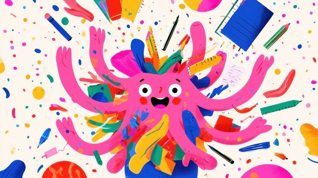 Cute pink octopus character surrounded by colorful school supplies and stationery items