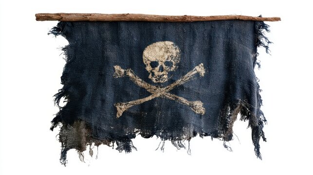 Tattered pirate flag with skull and crossbones hanging from a wooden stick isolated on white background