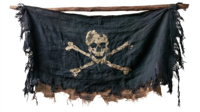Old weathered pirate flag with skull and crossbones hanging from a wooden branch isolated on white background