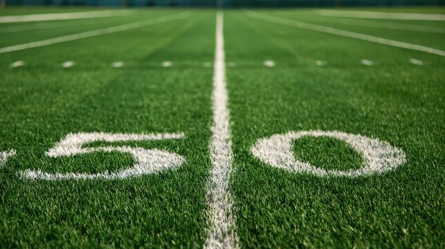 American football field 50 yard line marker on green turf