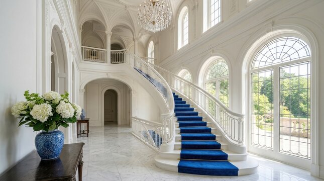An ornate white staircase with a blue carpet runner ascends within a grand light filled interior grandeur architecture hallway entryway mansion estate