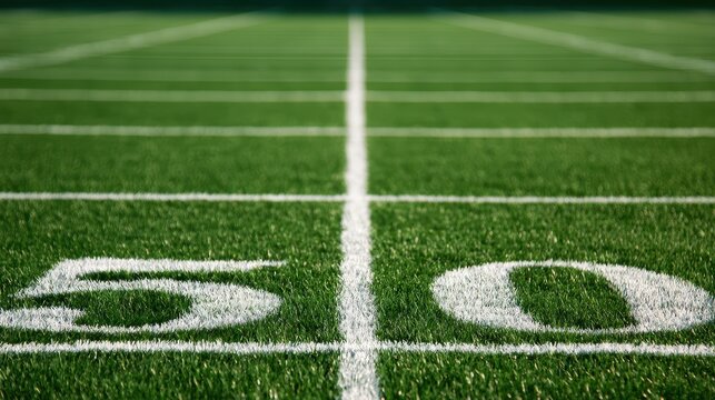 Fifty yard line on an american football field with green grass and white markings