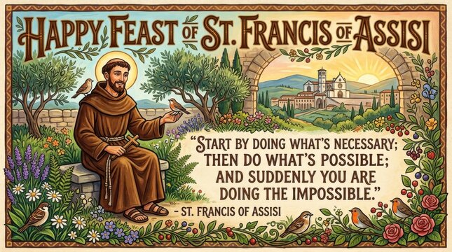 A detailed vector illustration depicts st francis of assisi with a bird set against a scenic italian landscape saintfrancis religiousfigure friar monk