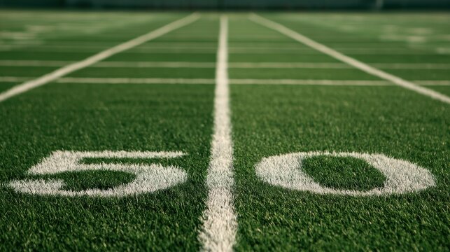 Fifty yard line on an american football field with green grass and white markings