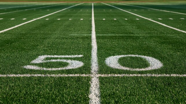 American football field 50 yard line marker on green turf