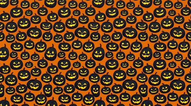 Seamless pattern with glowing scary halloween pumpkins on orange background