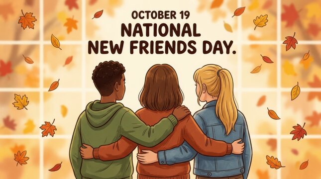 Three people with arms around each other are depicted in a colorful vector illustration with falling autumn leaves fall friendship companionship youth
