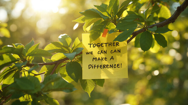Inspirational Quote Together We Can Make A Difference on Yellow Sticky Note Attached to a Tree Branch in Sunlight