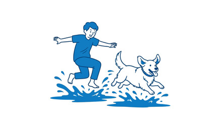 Boy and dog running through water puddles.