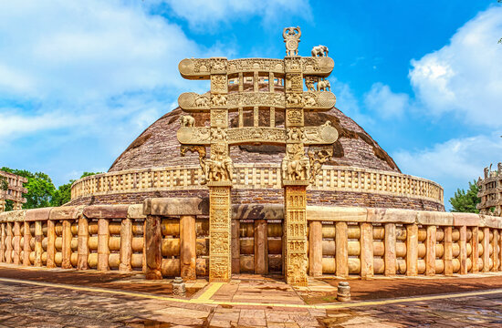 Ancient Great Stupa at Sanchi Buddhist Monument Complex in Madhya Pradesh, India