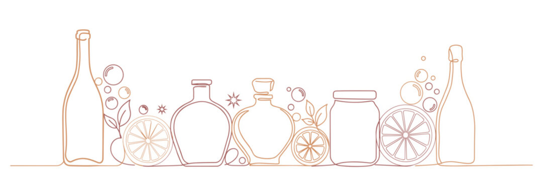 Minimalist Line Art Composition of Olive Oil Bottles and Fresh Lemon Slices for Healthy Cooking and Mediterranean Kitchen Decor Graphics