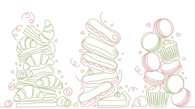 French Bakery Collection featuring Croissants Macarons and Cupcakes in Soft Pastel Line Art for Cafe Branding and Sweet Dessert Shop Wall Decorations