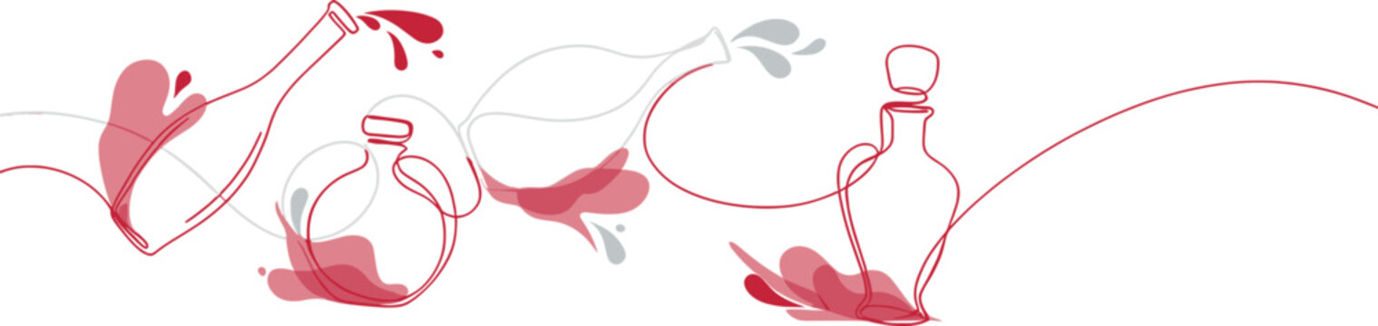 Minimalist Line Art Illustration of Wine Bottles and Decanters Pouring Red Wine for Sophisticated Restaurant Decor and Luxury Beverage Branding Design Concepts