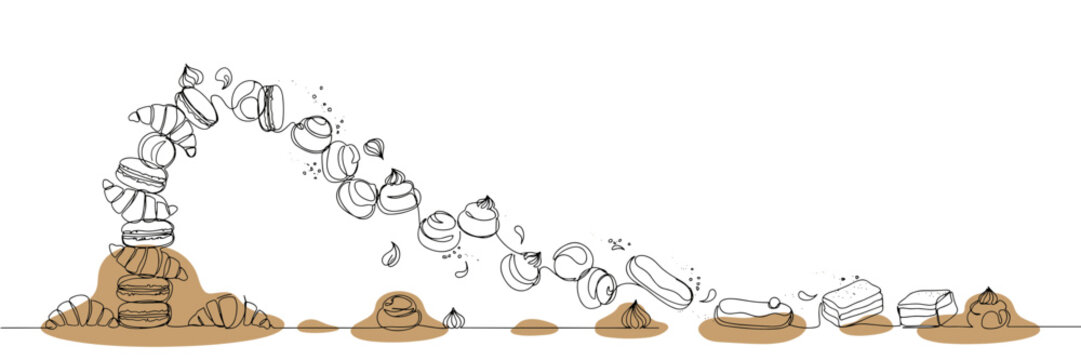 Artistic Line Art Composition of Floating Macarons Croissants and Gourmet Pastries for Bakery Branding and Modern Cafe Interior Decoration and Dessert Menu Designs