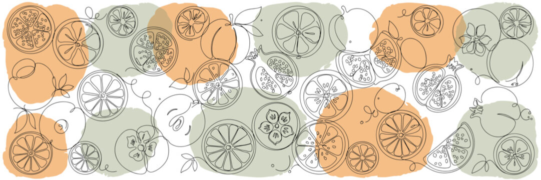 Vibrant Citrus Fruit Pattern Featuring Line Art Slices of Lemon Orange and Lime with Pomegranate for Organic Health Branding and Refreshing Kitchen Wall Art