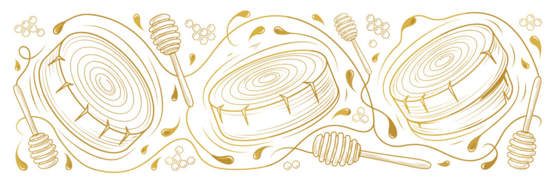 Golden Honey Dippers and Organic Honeycomb Patterns with Fluid Liquid Drips in a Minimalist Line Art Style for Natural Sweetener Packaging, Bee Product Branding, and Wellness Ads