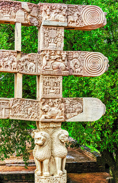 Intricately Carved Torana Gateway in Front of the Great Stupa at Sanchi, India