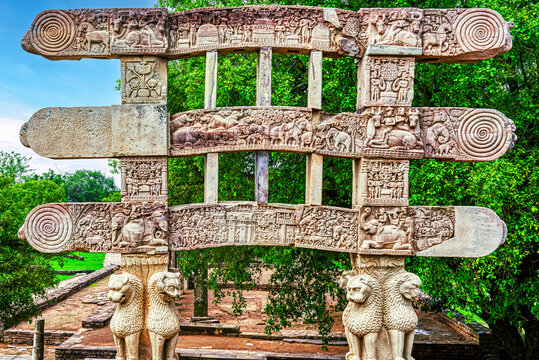 Intricately Carved Torana Gateway in Front of the Great Stupa at Sanchi, India