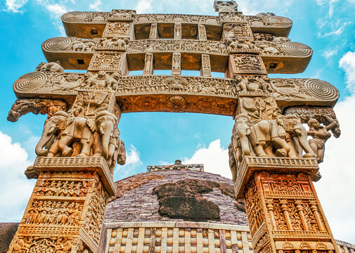 Intricately Carved Torana Gateway in Front of the Great Stupa at Sanchi, India
