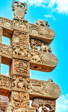 Intricately Carved Torana Gateway in Front of the Great Stupa at Sanchi, India