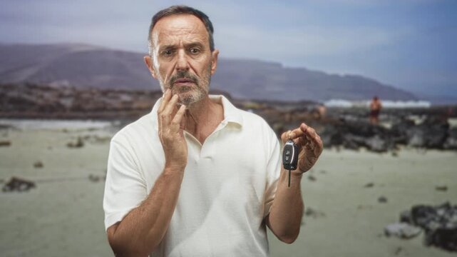 Man holding car key and touching chin, puzzled gesture on a rocky beach shoreline, street reference in scene; worry uncertainty.