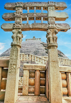 Intricately Carved Torana Gateway in Front of the Great Stupa at Sanchi, India