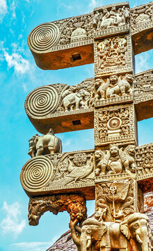 Intricately Carved Torana Gateway in Front of the Great Stupa at Sanchi, India
