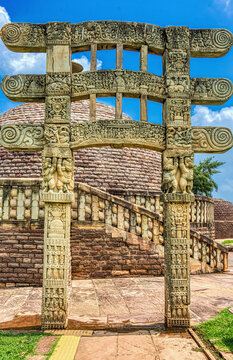 Intricately Carved Torana Gateway in Front of the Great Stupa at Sanchi, India
